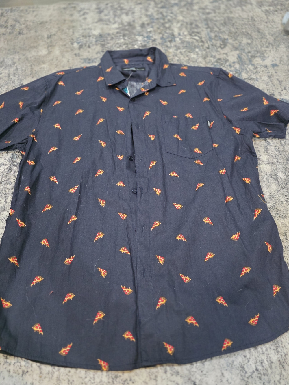 Men's Black Short-Sleeve Button-Down Shirt with Pizza Slice Print